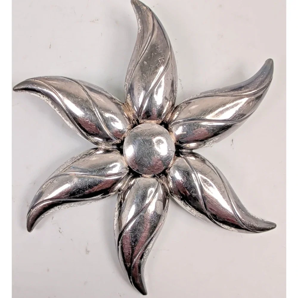 Vintage Mid-Century Heavy Sterling Silver Floral Statement Brooch